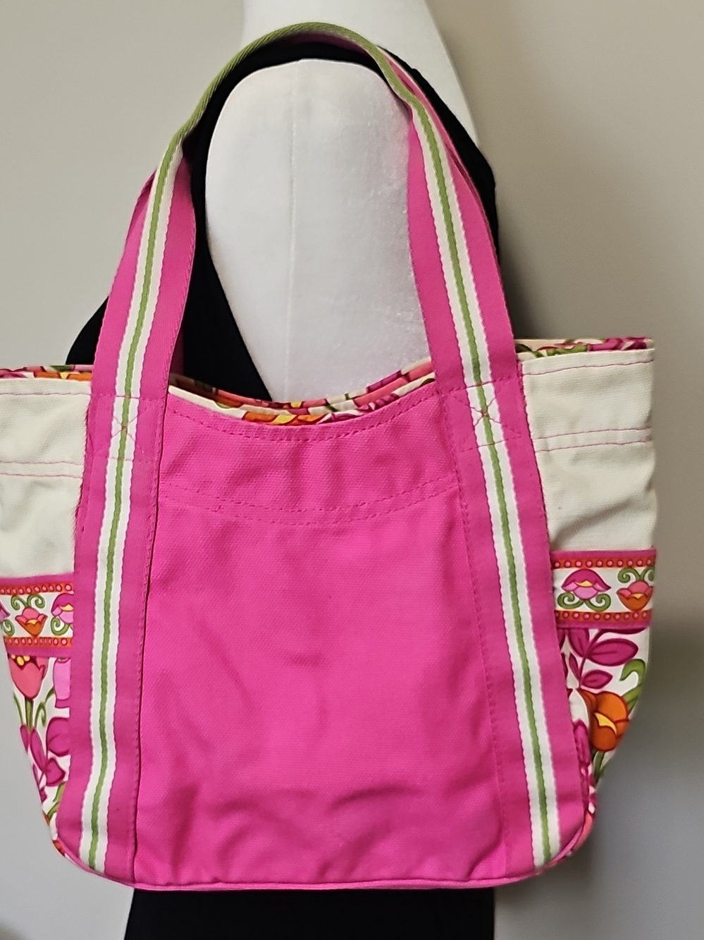 Pink Floral Accent Canvas Tote Bag